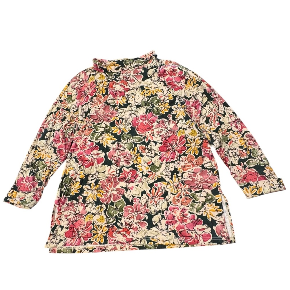 Mock Turtleneck Blouse Dark Floral Print Cuff Long Sleeve Size 2X Stretch Casual